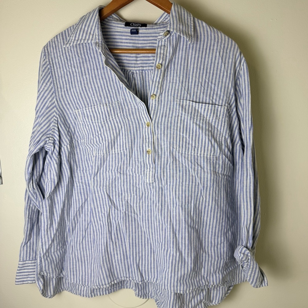 Chaps Sz 2x Striped Tunic Blouse Collared 1/2 Button Down Shirt Preppy Chest Pkt